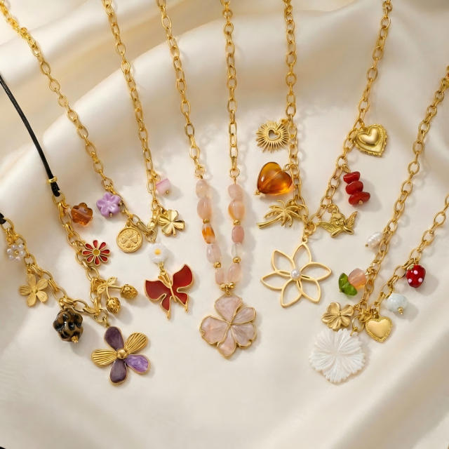New Style Multi-Pendant Flower Butterfly Stainless Steel Necklace for Women