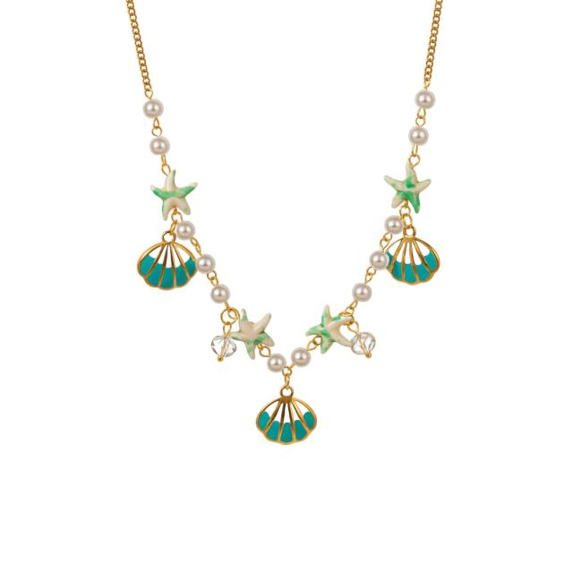 New Style Ocean Vacation Style Shell Starfish Pearl Pendant Necklace for Women Gold-Plated Stainless Steel Necklace