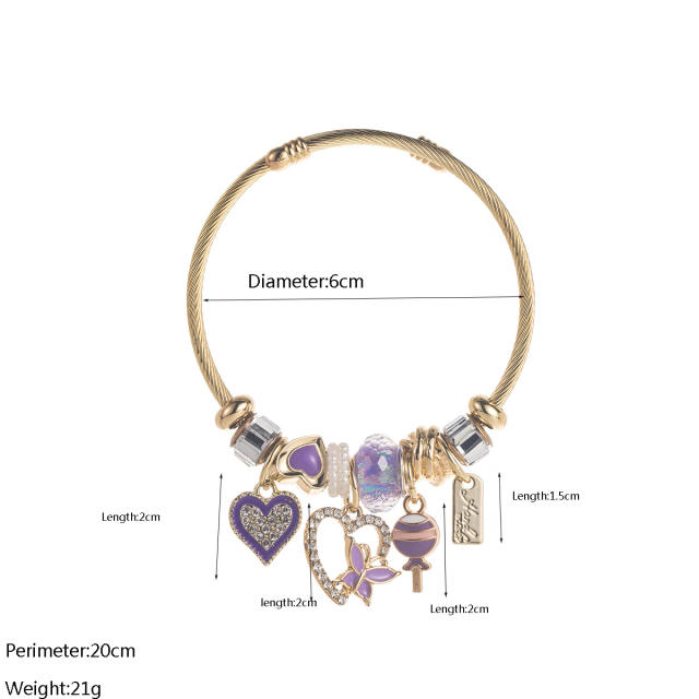 DIY multi element charm stainless steel bangle bracelet for women