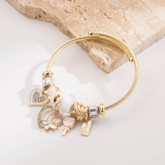 DIY multi element charm stainless steel bangle bracelet for women