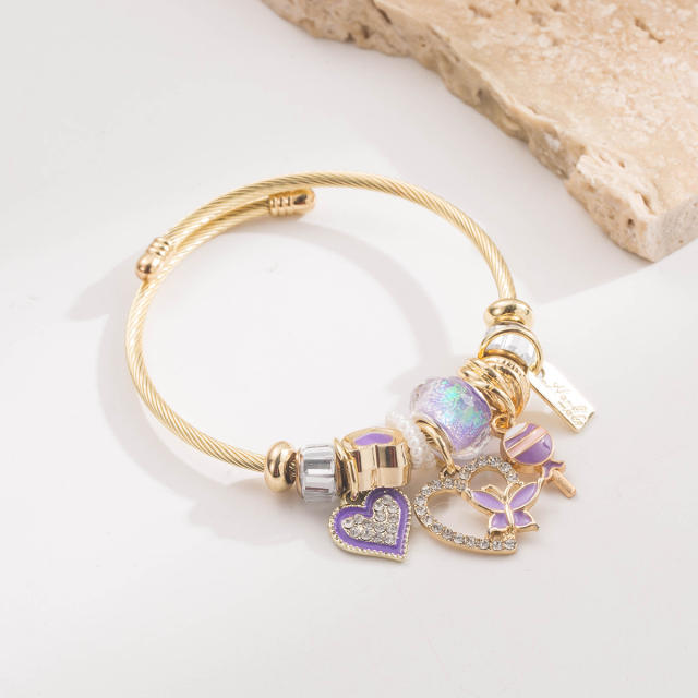DIY multi element charm stainless steel bangle bracelet for women