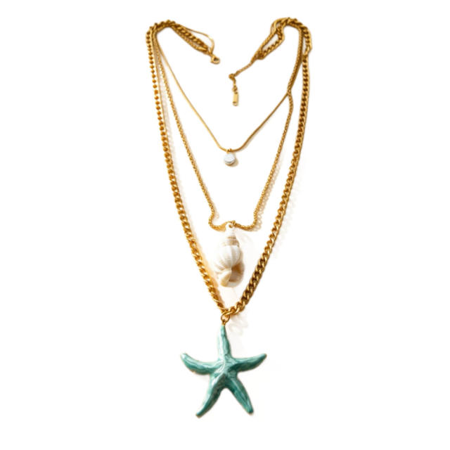 Ocean sereis starfish pearl conch pendant three layer stainless steel necklace