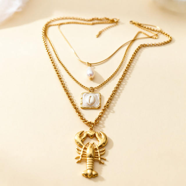 Vintage three layer lobster pendant pearl pendant stainless steel necklace