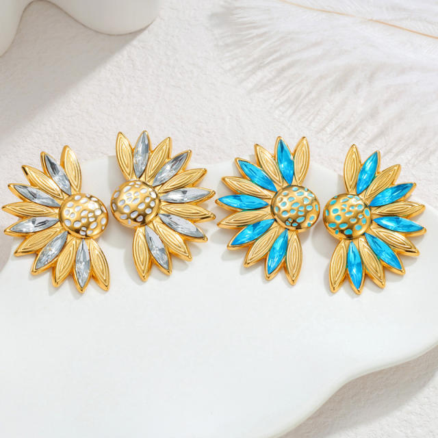 Retro Stainless Steel earrings 18K Gold enamel Sunflower Diamond-Studded Earrings for Women