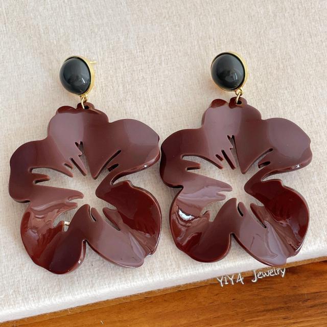 French Retro Contrasting Color Acrylic Flower Exaggerated Earrings for Women
