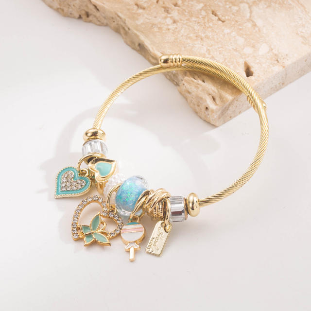 DIY multi element charm stainless steel bangle bracelet for women