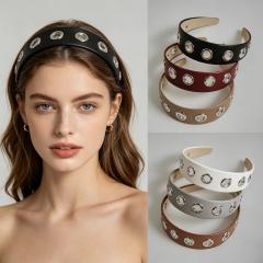 Fashion Wide-Brimmed Headband Pu Leather Simple Hollow Circle Headband Non-Slip Hair Accessory Headwear