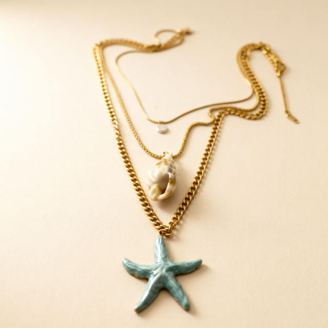 Ocean sereis starfish pearl conch pendant three layer stainless steel necklace
