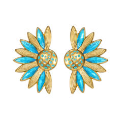 Retro Stainless Steel earrings 18K Gold enamel Sunflower Diamond-Studded Earrings for Women