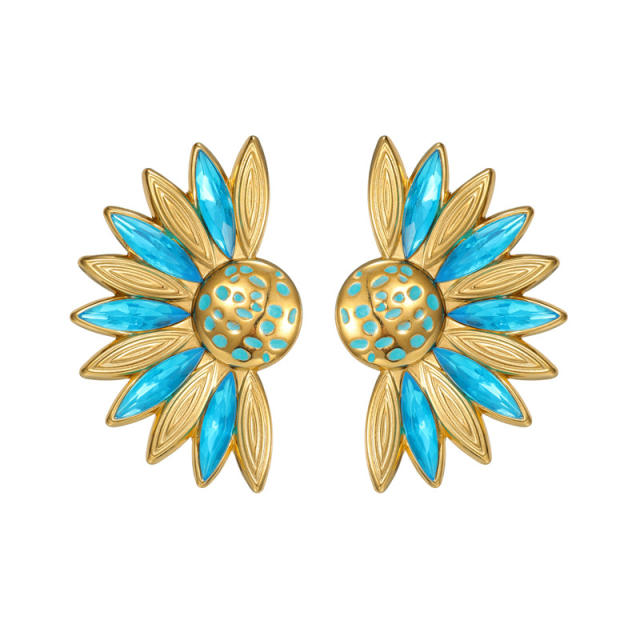 Retro Stainless Steel earrings 18K Gold enamel Sunflower Diamond-Studded Earrings for Women