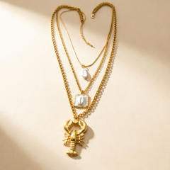 Vintage three layer lobster pendant pearl pendant stainless steel necklace