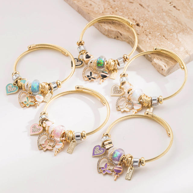 DIY multi element charm stainless steel bangle bracelet for women