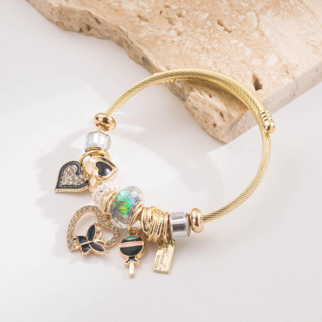DIY multi element charm stainless steel bangle bracelet for women