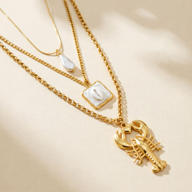 Vintage three layer lobster pendant pearl pendant stainless steel necklace