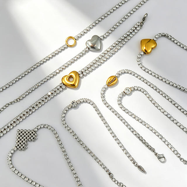 304 Stainless Steel Bracelet Tennis Chain Heart-Shaped Color-Blocking Waterproof Jewelry
