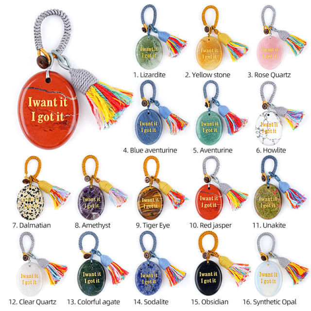 Natural Crystal Palm Stone Keychain with Engraved Agate Stone Car Pendant Mindfulness Stone Bag Charm