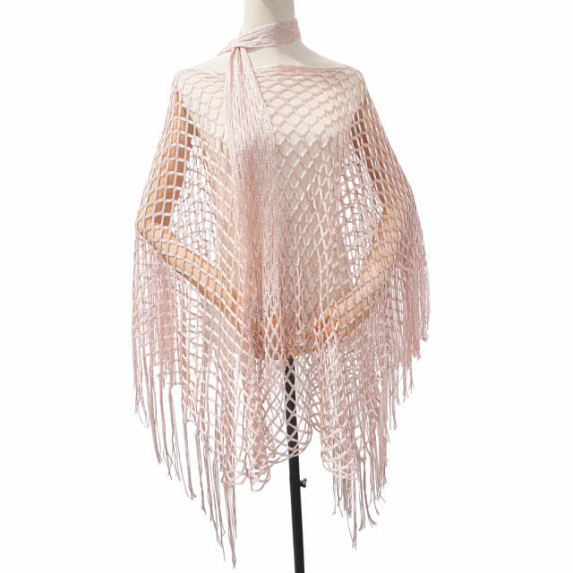 Gold Fishnet Tassel Multi-Purpose Shawl Beach Sun Protection Cover-Up Hollow-Out Set