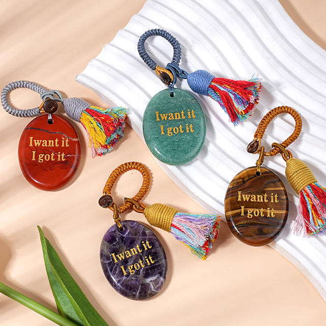 Natural Crystal Palm Stone Keychain with Engraved Agate Stone Car Pendant Mindfulness Stone Bag Charm
