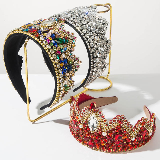 Baroque-Style Headband with Full Diamond Crown Heavy-Duty Pearl-Embellished Headband