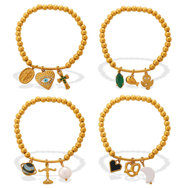 Retro Light Luxury Style Cross Devil's Eye DIY Multi-Pendant Gold Beaded Bracelet  stainless steel bracelet