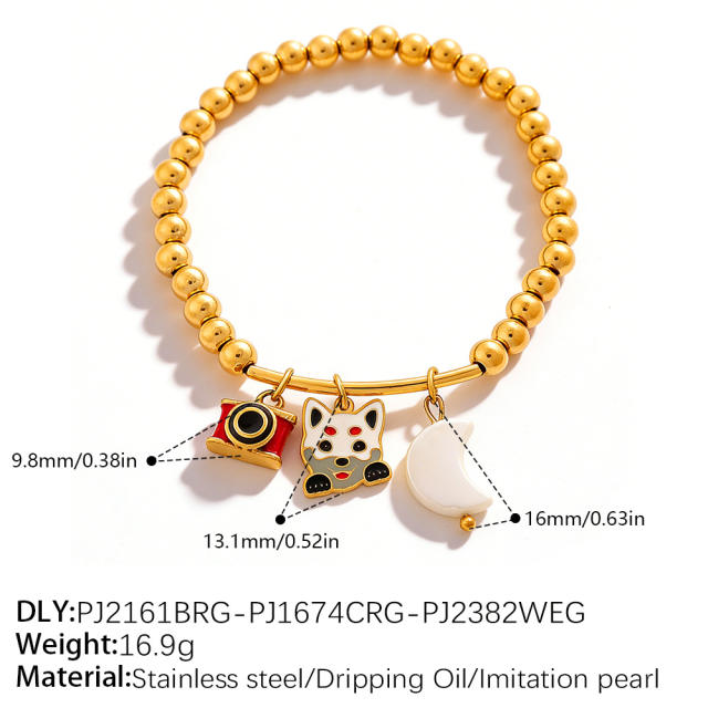 Vacation Style Cartoon Bear Flower DIY Multi-Pendant Gold Beaded stainless steel Bracelet
