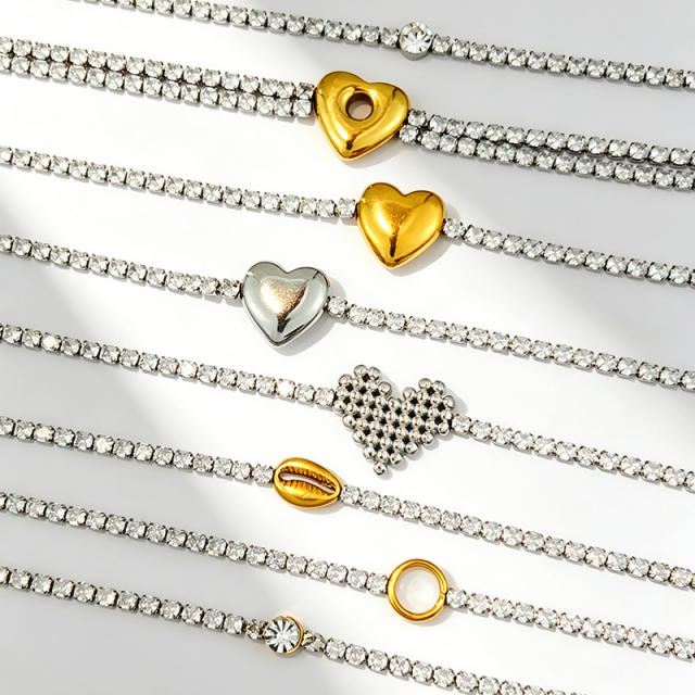 304 Stainless Steel Bracelet Tennis Chain Heart-Shaped Color-Blocking Waterproof Jewelry
