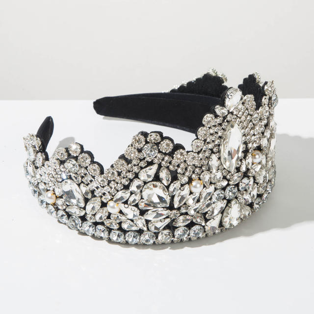 Baroque-Style Headband with Full Diamond Crown Heavy-Duty Pearl-Embellished Headband