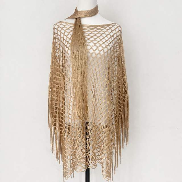 Gold Fishnet Tassel Multi-Purpose Shawl Beach Sun Protection Cover-Up Hollow-Out Set