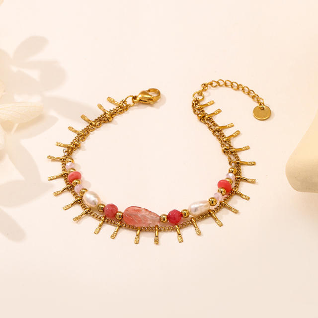 Bohemian Natural Stone Bracelet Double-Layer Stacked Leaf Natural Pearl Stainless Steel Bracelet
