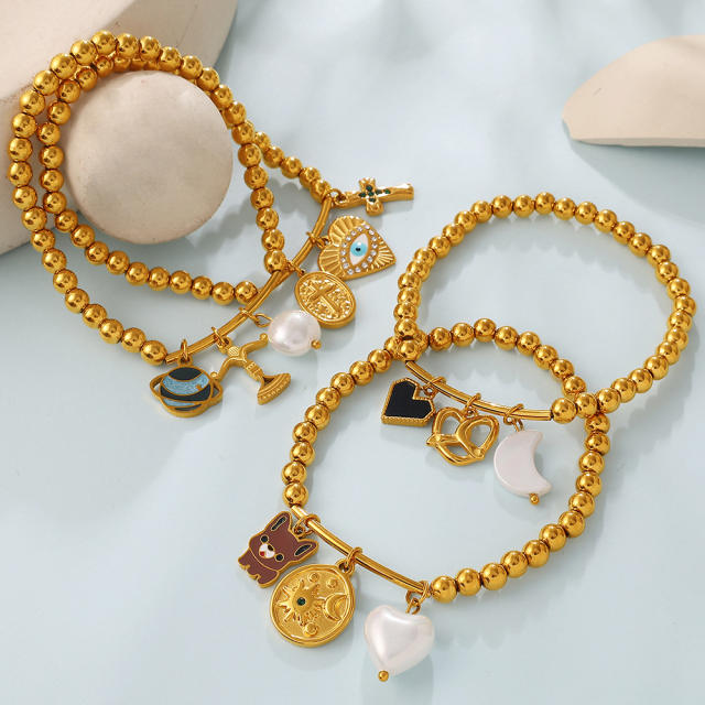 Retro Light Luxury Style Cross Devil's Eye DIY Multi-Pendant Gold Beaded Bracelet  stainless steel bracelet