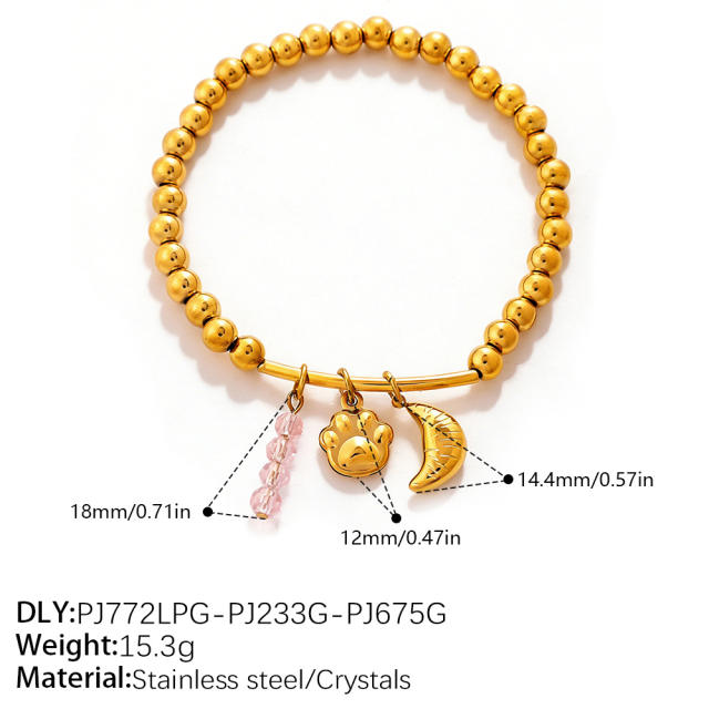 Vacation Style Cartoon Bear Flower DIY Multi-Pendant Gold Beaded stainless steel Bracelet