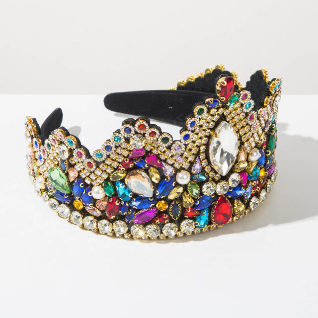 Baroque-Style Headband with Full Diamond Crown Heavy-Duty Pearl-Embellished Headband