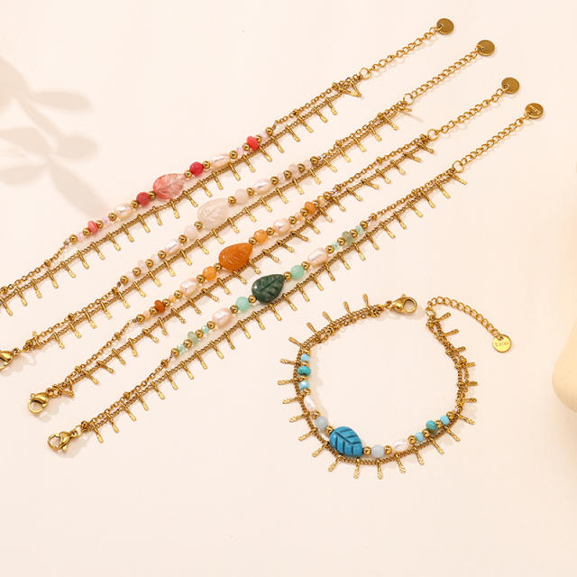 Bohemian Natural Stone Bracelet Double-Layer Stacked Leaf Natural Pearl Stainless Steel Bracelet