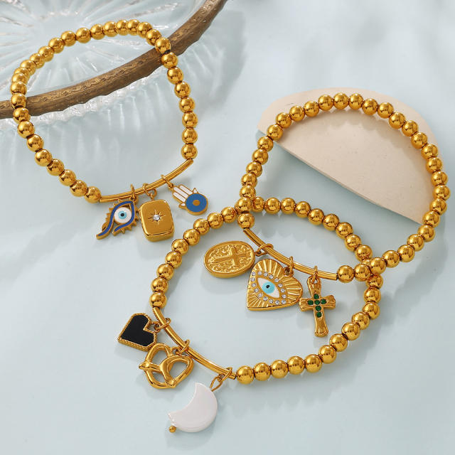 Retro Light Luxury Style Cross Devil's Eye DIY Multi-Pendant Gold Beaded Bracelet  stainless steel bracelet
