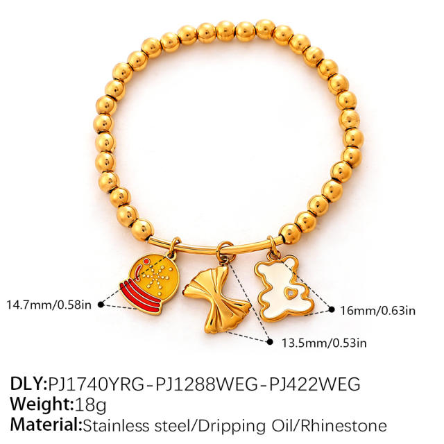 Vacation Style Cartoon Bear Flower DIY Multi-Pendant Gold Beaded stainless steel Bracelet