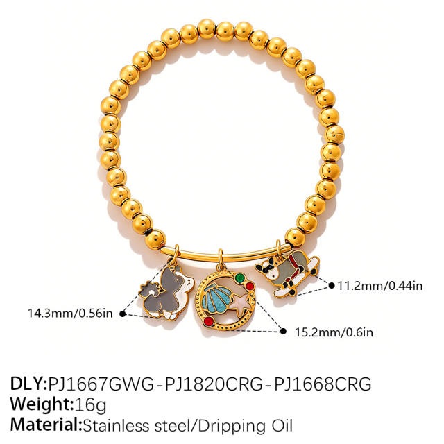Vacation Style Cartoon Bear Flower DIY Multi-Pendant Gold Beaded stainless steel Bracelet