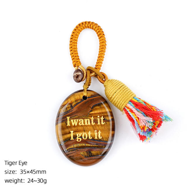 Natural Crystal Palm Stone Keychain with Engraved Agate Stone Car Pendant Mindfulness Stone Bag Charm