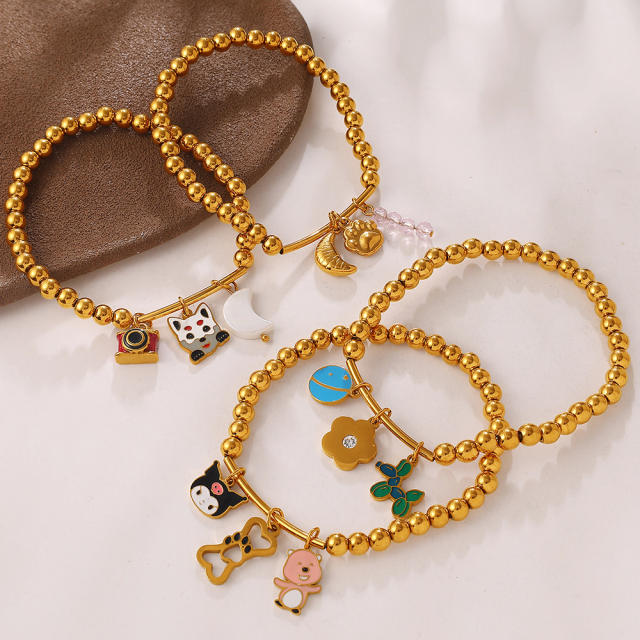 Vacation Style Cartoon Bear Flower DIY Multi-Pendant Gold Beaded stainless steel Bracelet