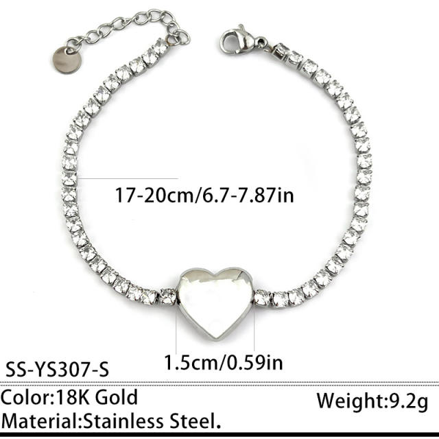 304 Stainless Steel Bracelet Tennis Chain Heart-Shaped Color-Blocking Waterproof Jewelry