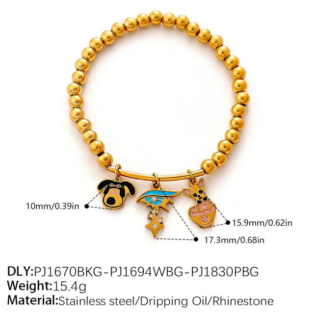 Vacation Style Cartoon Bear Flower DIY Multi-Pendant Gold Beaded stainless steel Bracelet
