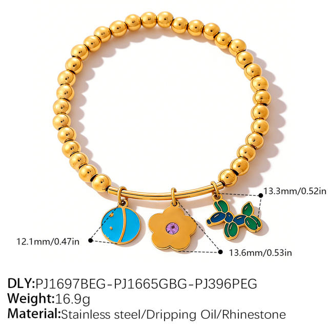 Vacation Style Cartoon Bear Flower DIY Multi-Pendant Gold Beaded stainless steel Bracelet