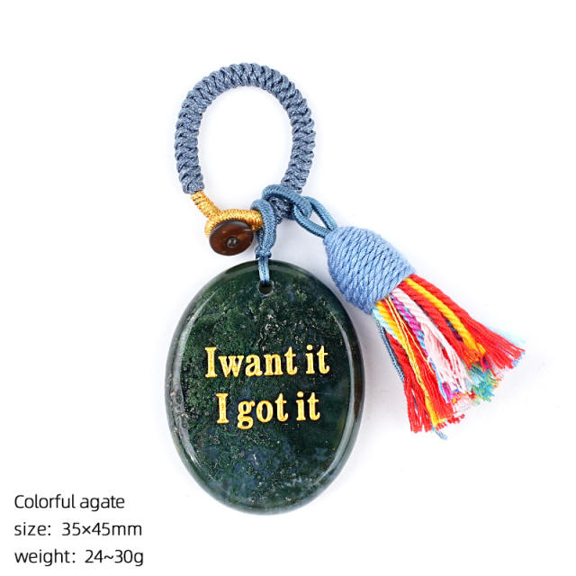 Natural Crystal Palm Stone Keychain with Engraved Agate Stone Car Pendant Mindfulness Stone Bag Charm