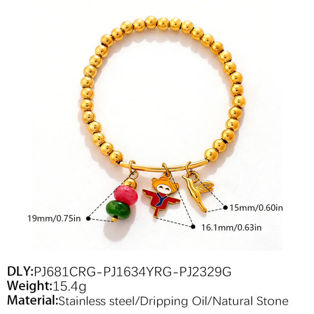 Vacation Style Cartoon Bear Flower DIY Multi-Pendant Gold Beaded stainless steel Bracelet