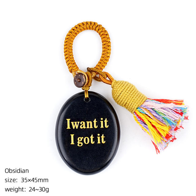 Natural Crystal Palm Stone Keychain with Engraved Agate Stone Car Pendant Mindfulness Stone Bag Charm