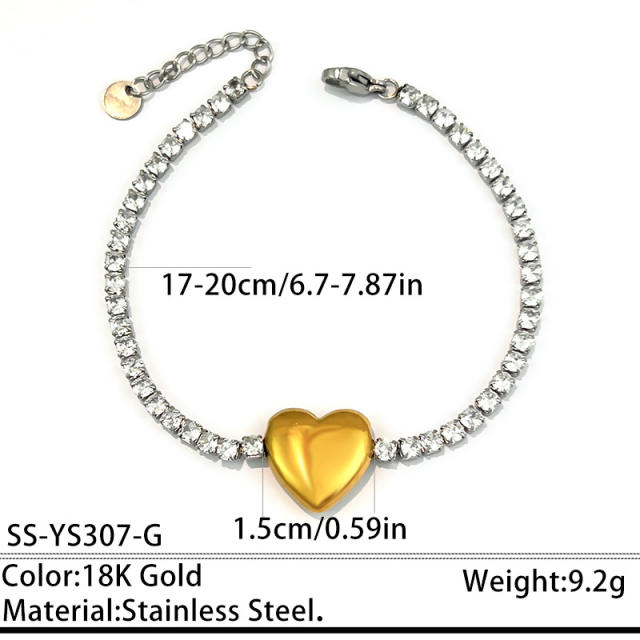 304 Stainless Steel Bracelet Tennis Chain Heart-Shaped Color-Blocking Waterproof Jewelry