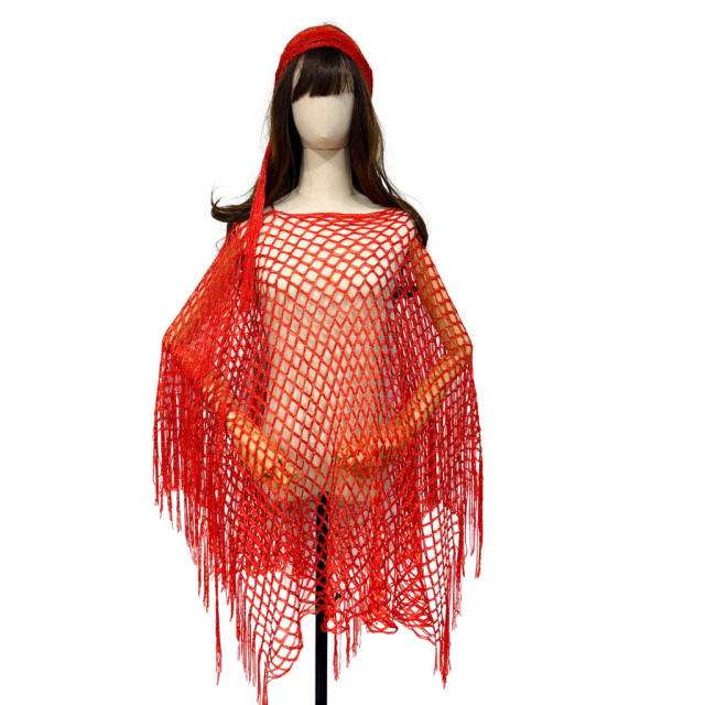 Gold Fishnet Tassel Multi-Purpose Shawl Beach Sun Protection Cover-Up Hollow-Out Set