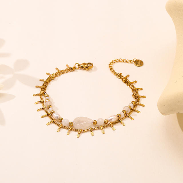 Bohemian Natural Stone Bracelet Double-Layer Stacked Leaf Natural Pearl Stainless Steel Bracelet