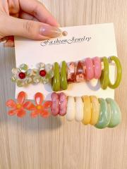 Korean-Style Acrylic Flower Colorful C-Shaped Geometric Earrings set