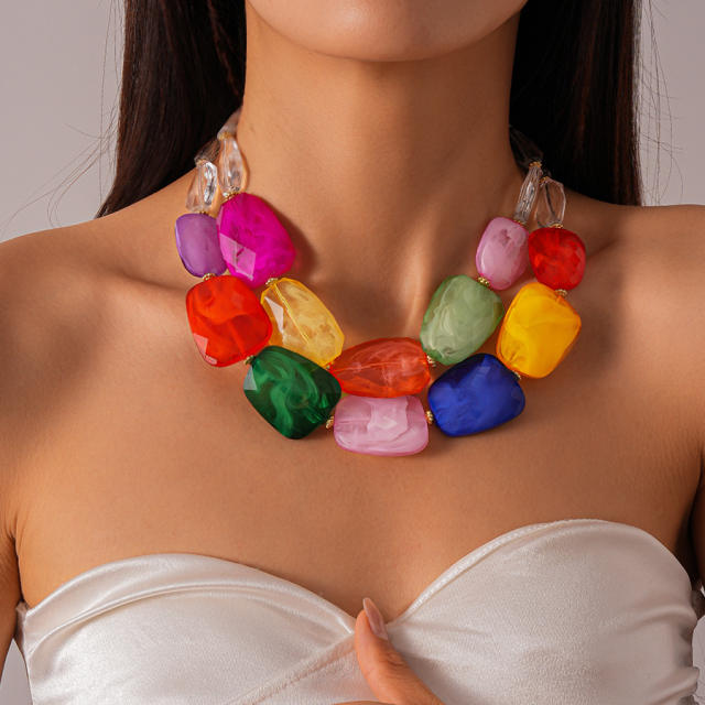 Exaggerated Acrylic Irregular Beaded Double-Layer Necklace Seaside Vacation Style for Women