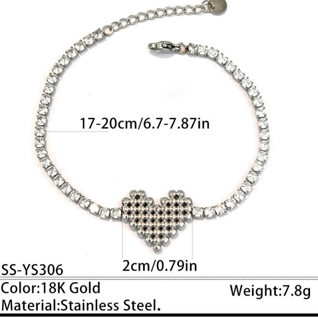 304 Stainless Steel Bracelet Tennis Chain Heart-Shaped Color-Blocking Waterproof Jewelry